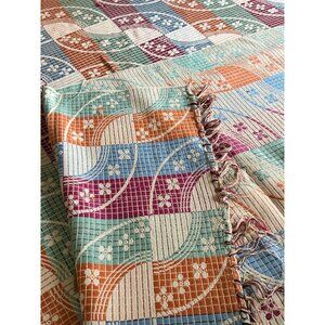 Antique Vintage Woven Coverlet Throw Orange Red Green 84 x 56